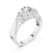 Lab Grown Three Stone Diamond Ring with Filigree Scrollwork in Two-Tone Gold