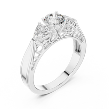 Lab Grown Three Stone Diamond Ring with Filigree Scrollwork in Two-Tone Gold