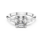 Lab Grown Asscher Cut Three Stone Diamond Ring with Tapered Baguettes in Yellow Gold
