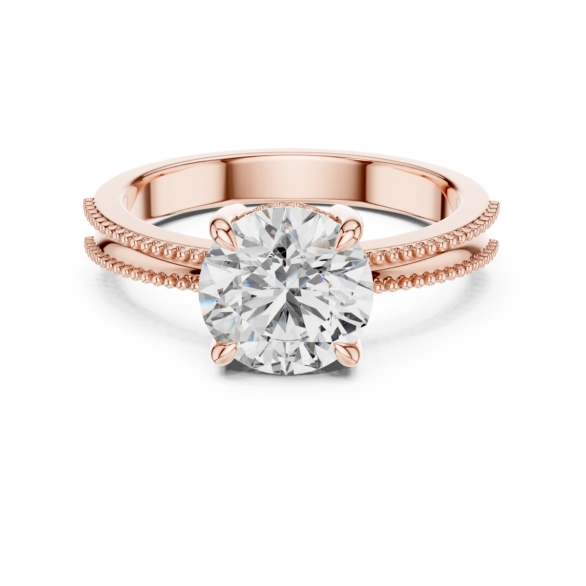 Round Solitaire Engagement Ring with Beaded Milgrain Band