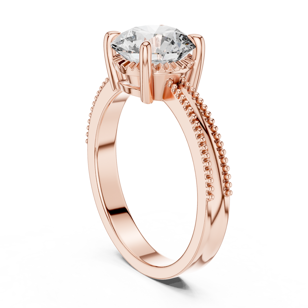 Round Solitaire Engagement Ring with Beaded Milgrain Band
