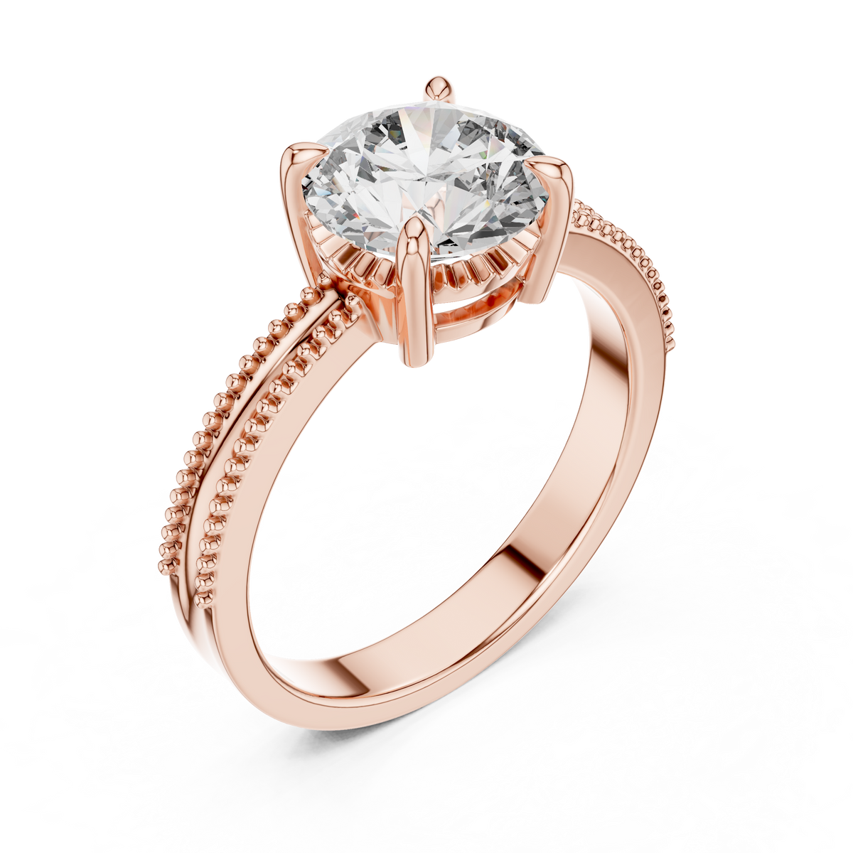 Round Solitaire Engagement Ring with Beaded Milgrain Band