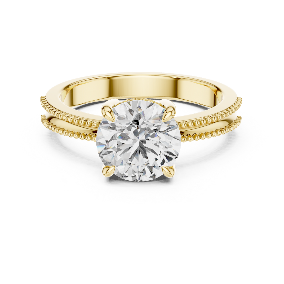 Round Solitaire Engagement Ring with Beaded Milgrain Band