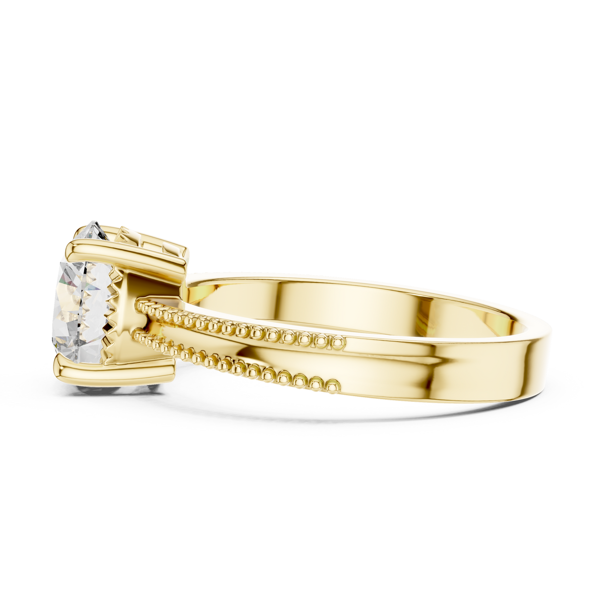 Round Solitaire Engagement Ring with Beaded Milgrain Band