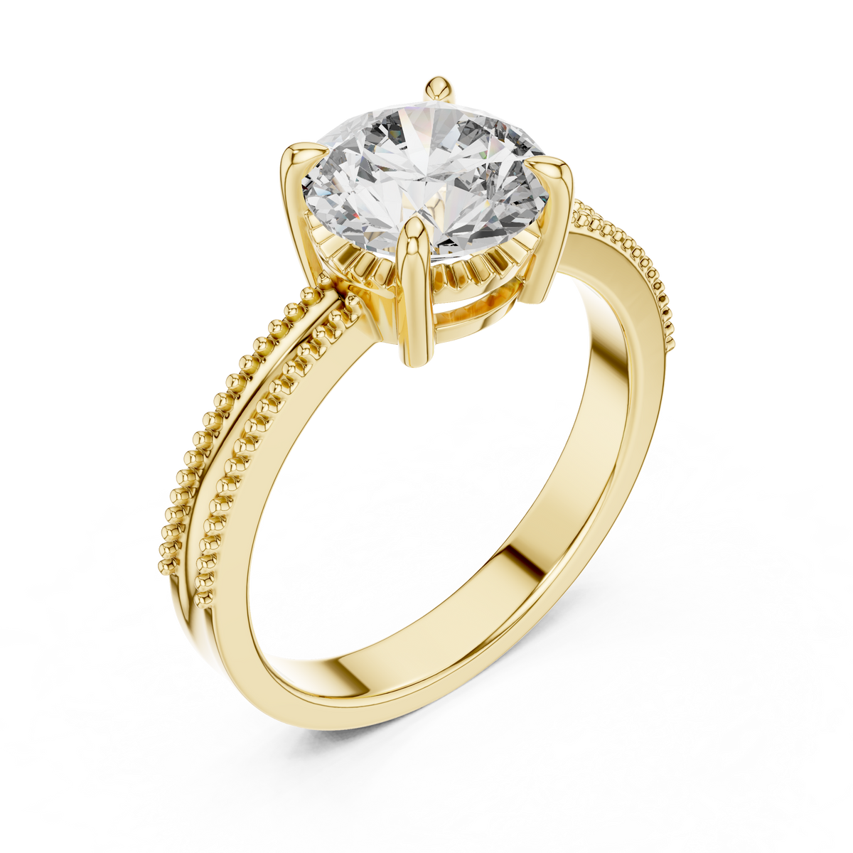 Round Solitaire Engagement Ring with Beaded Milgrain Band