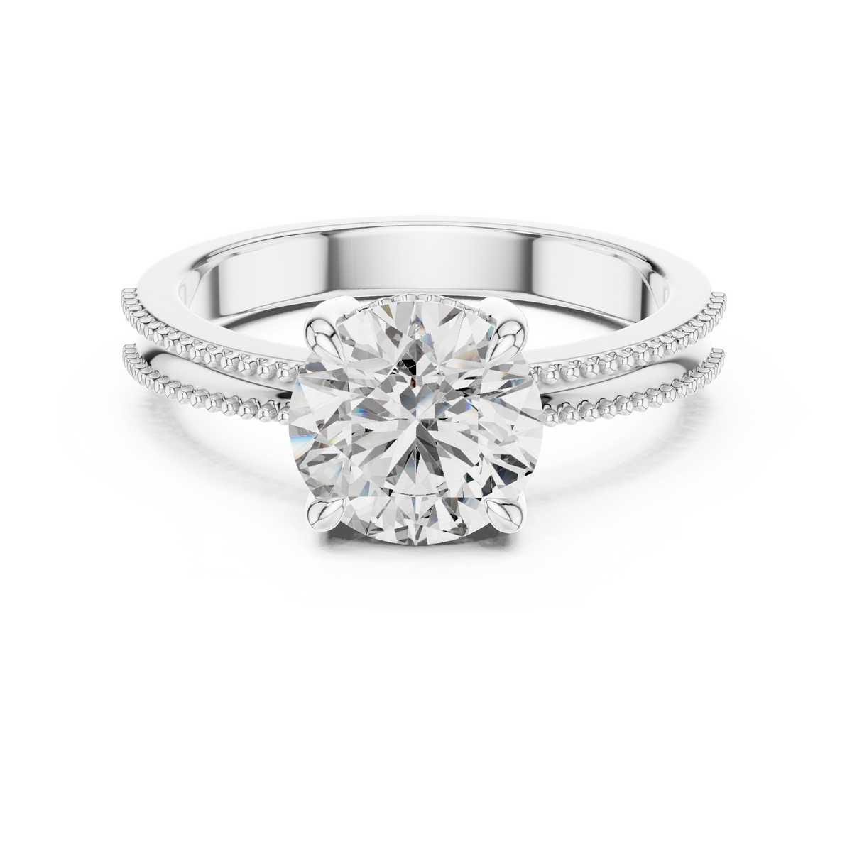 Round Solitaire Engagement Ring with Beaded Milgrain Band