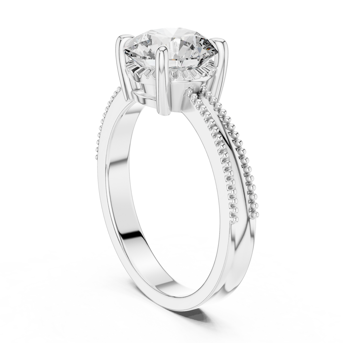 Round Solitaire Engagement Ring with Beaded Milgrain Band