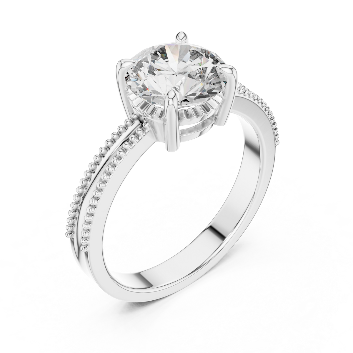Round Solitaire Engagement Ring with Beaded Milgrain Band