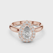 Lab Grown Pear Cut Halo Diamond Ring with Plain Band in Yellow Gold