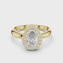 Lab Grown Pear Cut Halo Diamond Ring with Plain Band in Yellow Gold