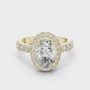Lab Grown Oval Cut Halo Diamond Ring with Pave Band in Yellow Gold