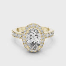 Lab Grown Oval Cut Halo Diamond Ring with Pave Band in Yellow Gold