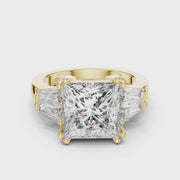 Lab Grown Princess Cut Three Stone Diamond Ring with Tapered Baguette Sides in Yellow Gold