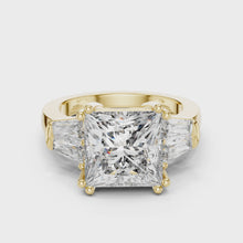 Lab Grown Princess Cut Three Stone Diamond Ring with Tapered Baguette Sides in Yellow Gold