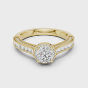 Lab Grown Round Halo Diamond Ring with Baguette Milgrain Band in Yellow Gold