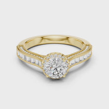 Lab Grown Round Halo Diamond Ring with Baguette Milgrain Band in Yellow Gold