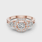 Lab Grown Asscher Cut Three Stone Diamond Ring with Octagon Halo in Yellow Gold