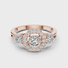 Lab Grown Asscher Cut Three Stone Diamond Ring with Octagon Halo in Yellow Gold