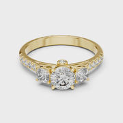 Lab Grown Round Three Stone Diamond Ring with Pavé Accent Band in Yellow Gold
