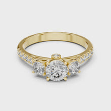 Lab Grown Round Three Stone Diamond Ring with Pavé Accent Band in Yellow Gold
