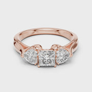 Lab Grown Princess Cut Three Stone Diamond Ring with Heart Side Stones in Yellow Gold