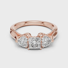 Lab Grown Princess Cut Three Stone Diamond Ring with Heart Side Stones in Yellow Gold