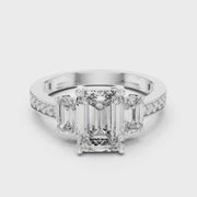 Lab Grown Emerald Cut Three Stone Diamond Ring with Accent Band in Yellow Gold