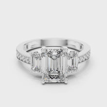 Lab Grown Emerald Cut Three Stone Diamond Ring with Accent Band in Yellow Gold