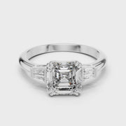 Lab Grown Asscher Cut Three Stone Diamond Ring with Tapered Baguettes in Yellow Gold