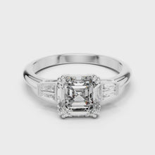 Lab Grown Asscher Cut Three Stone Diamond Ring with Tapered Baguettes in Yellow Gold