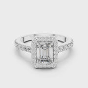 Lab Grown Emerald Cut Halo Diamond Ring with Pavé Band in Yellow Gold