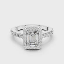 Lab Grown Emerald Cut Halo Diamond Ring with Pavé Band in Yellow Gold