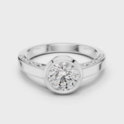 Lab Grown Round Bezel Set Diamond Ring with Scroll Detail in Yellow Gold