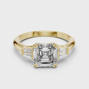 Lab Grown Asscher Cut Three Stone Diamond Ring with Tapered Baguettes in Yellow Gold