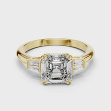 Lab Grown Asscher Cut Three Stone Diamond Ring with Tapered Baguettes in Yellow Gold