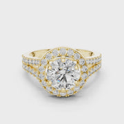 Lab Grown Round Cut Halo Diamond Ring with Split Shank Pave Band in Yellow Gold
