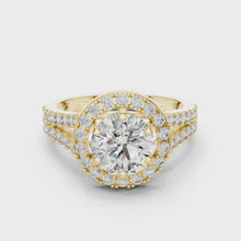 Lab Grown Round Cut Halo Diamond Ring with Split Shank Pave Band in Yellow Gold