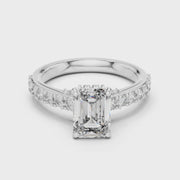 Lab Grown Emerald Cut Diamond Ring with Hidden Halo & Pave Band in Yellow Gold