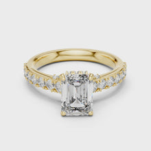 Lab Grown Emerald Cut Diamond Ring with Hidden Halo & Pave Band in Yellow Gold