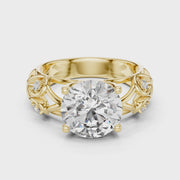 Lab Grown Round Diamond Ring with Vintage Filigree Scroll Band in Yellow Gold
