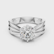 Lab Grown Round Diamond Ring with Wide Grooved Band in Yellow Gold