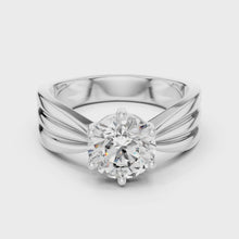 Lab Grown Round Diamond Ring with Wide Grooved Band in Yellow Gold
