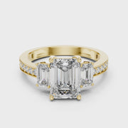 Lab Grown Emerald Cut Three Stone Diamond Ring with Accent Band in Yellow Gold
