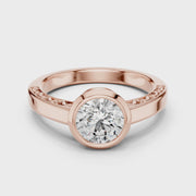 Lab Grown Round Bezel Set Diamond Ring with Scroll Detail in Yellow Gold