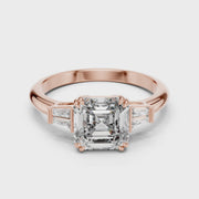 Lab Grown Asscher Cut Three Stone Diamond Ring with Tapered Baguettes in Yellow Gold