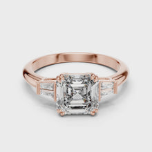 Lab Grown Asscher Cut Three Stone Diamond Ring with Tapered Baguettes in Yellow Gold