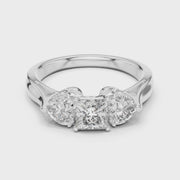 Lab Grown Princess Cut Three Stone Diamond Ring with Heart Side Stones in Yellow Gold