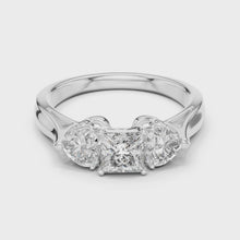 Lab Grown Princess Cut Three Stone Diamond Ring with Heart Side Stones in Yellow Gold