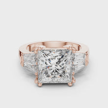 Lab Grown Princess Cut Three Stone Diamond Ring with Tapered Baguette Sides in Yellow Gold
