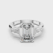 Lab Grown Emerald Cut Three Stone Diamond Ring with Tapered Baguette Sides in Yellow Gold